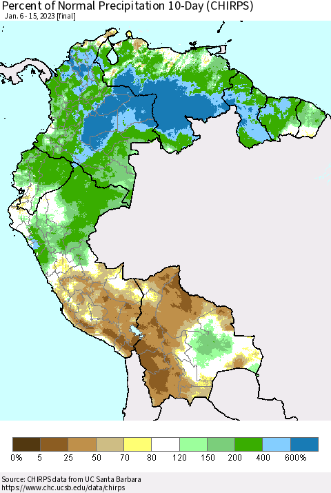 Northern South America Percent of Normal Precipitation 10-Day (CHIRPS) Thematic Map For 1/6/2023 - 1/15/2023