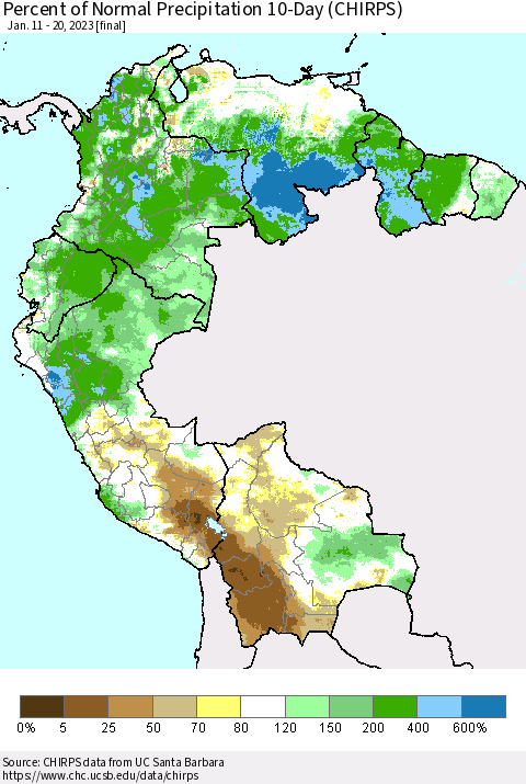 Northern South America Percent of Normal Precipitation 10-Day (CHIRPS) Thematic Map For 1/11/2023 - 1/20/2023