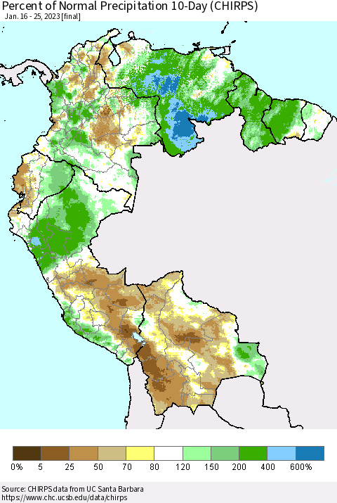 Northern South America Percent of Normal Precipitation 10-Day (CHIRPS) Thematic Map For 1/16/2023 - 1/25/2023