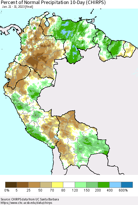 Northern South America Percent of Normal Precipitation 10-Day (CHIRPS) Thematic Map For 1/21/2023 - 1/31/2023