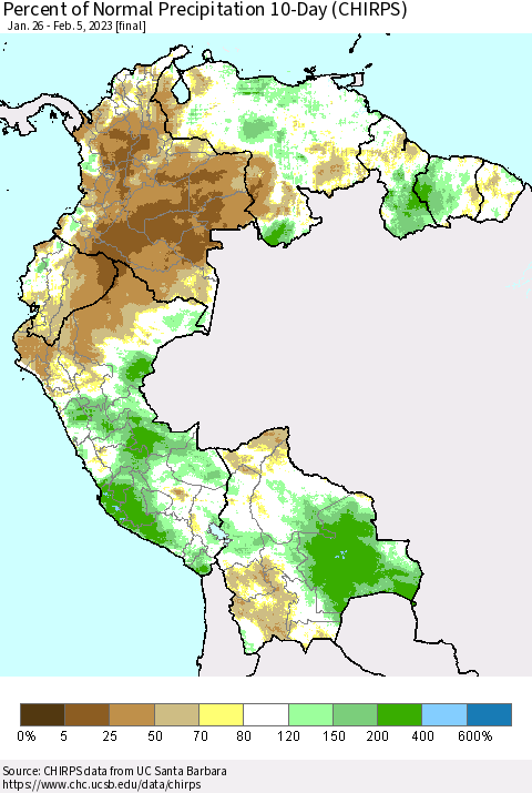 Northern South America Percent of Normal Precipitation 10-Day (CHIRPS) Thematic Map For 1/26/2023 - 2/5/2023
