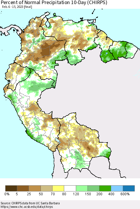 Northern South America Percent of Normal Precipitation 10-Day (CHIRPS) Thematic Map For 2/6/2023 - 2/15/2023