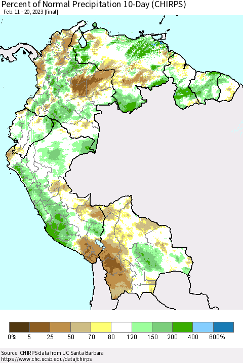 Northern South America Percent of Normal Precipitation 10-Day (CHIRPS) Thematic Map For 2/11/2023 - 2/20/2023