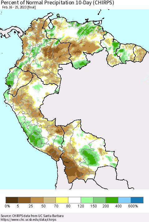 Northern South America Percent of Normal Precipitation 10-Day (CHIRPS) Thematic Map For 2/16/2023 - 2/25/2023