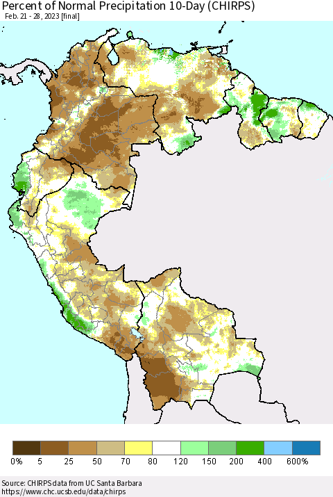 Northern South America Percent of Normal Precipitation 10-Day (CHIRPS) Thematic Map For 2/21/2023 - 2/28/2023