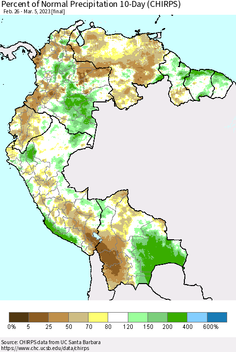 Northern South America Percent of Normal Precipitation 10-Day (CHIRPS) Thematic Map For 2/26/2023 - 3/5/2023
