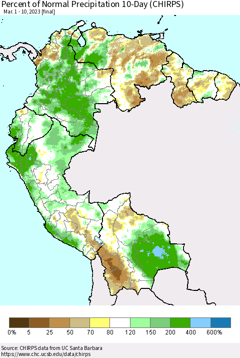Northern South America Percent of Normal Precipitation 10-Day (CHIRPS) Thematic Map For 3/1/2023 - 3/10/2023