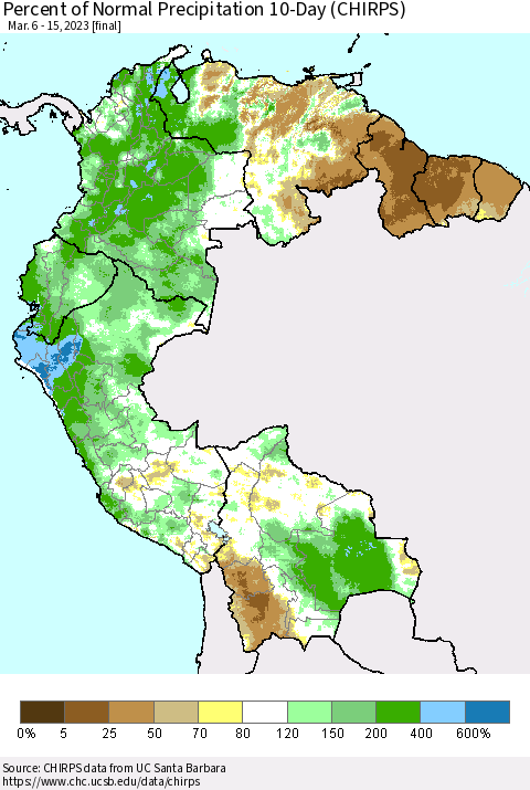 Northern South America Percent of Normal Precipitation 10-Day (CHIRPS) Thematic Map For 3/6/2023 - 3/15/2023