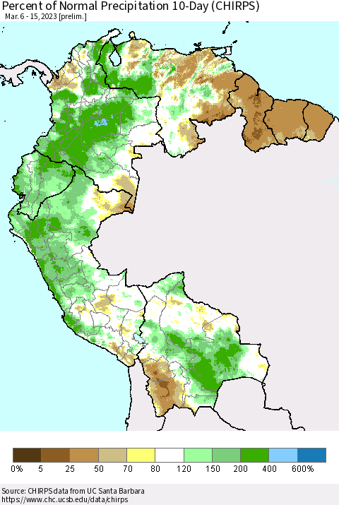 Northern South America Percent of Normal Precipitation 10-Day (CHIRPS) Thematic Map For 3/6/2023 - 3/15/2023