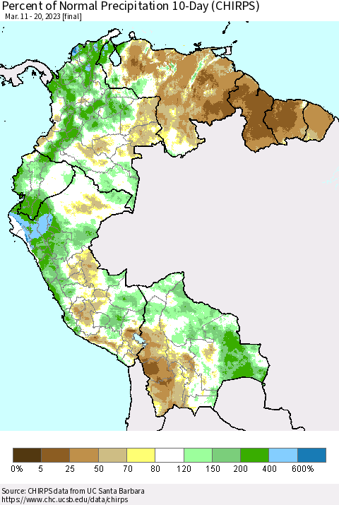 Northern South America Percent of Normal Precipitation 10-Day (CHIRPS) Thematic Map For 3/11/2023 - 3/20/2023
