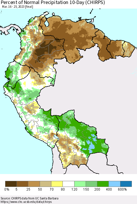 Northern South America Percent of Normal Precipitation 10-Day (CHIRPS) Thematic Map For 3/16/2023 - 3/25/2023