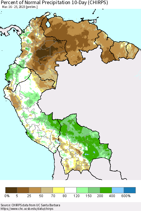 Northern South America Percent of Normal Precipitation 10-Day (CHIRPS) Thematic Map For 3/16/2023 - 3/25/2023