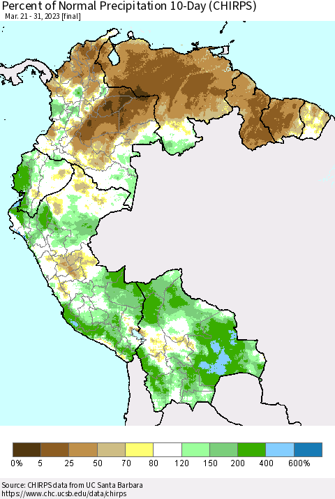 Northern South America Percent of Normal Precipitation 10-Day (CHIRPS) Thematic Map For 3/21/2023 - 3/31/2023