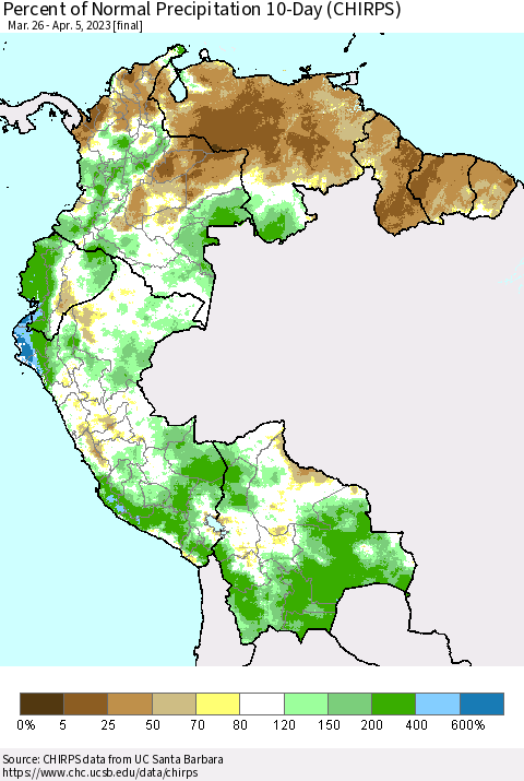 Northern South America Percent of Normal Precipitation 10-Day (CHIRPS) Thematic Map For 3/26/2023 - 4/5/2023