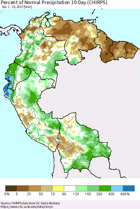Northern South America Percent of Normal Precipitation 10-Day (CHIRPS) Thematic Map For 4/1/2023 - 4/10/2023