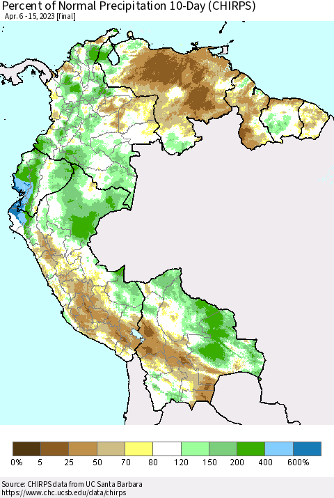 Northern South America Percent of Normal Precipitation 10-Day (CHIRPS) Thematic Map For 4/6/2023 - 4/15/2023