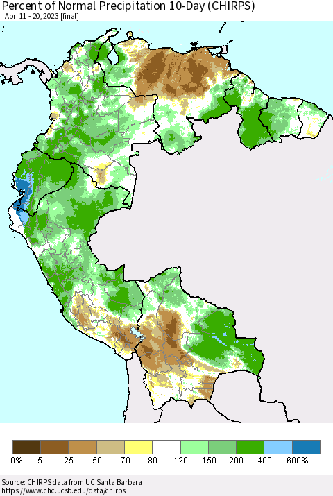Northern South America Percent of Normal Precipitation 10-Day (CHIRPS) Thematic Map For 4/11/2023 - 4/20/2023