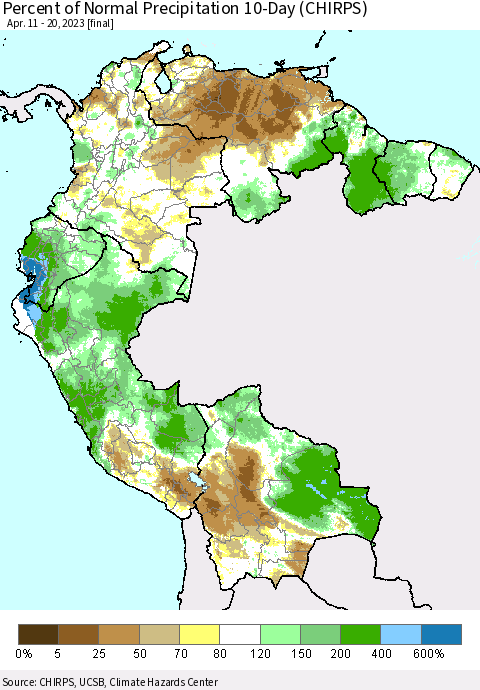 Northern South America Percent of Normal Precipitation 10-Day (CHIRPS) Thematic Map For 4/11/2023 - 4/20/2023