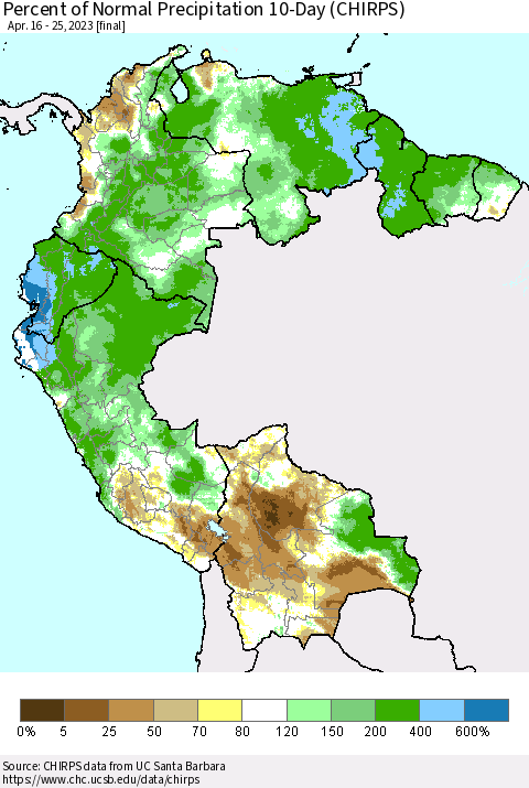 Northern South America Percent of Normal Precipitation 10-Day (CHIRPS) Thematic Map For 4/16/2023 - 4/25/2023