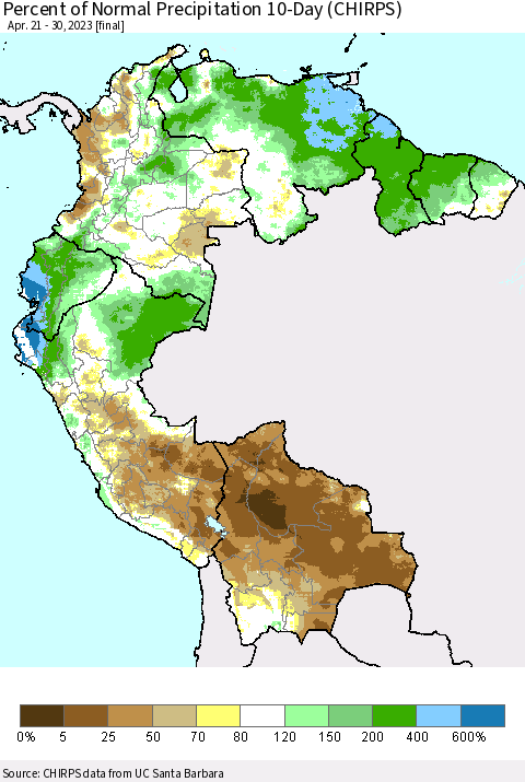 Northern South America Percent of Normal Precipitation 10-Day (CHIRPS) Thematic Map For 4/21/2023 - 4/30/2023