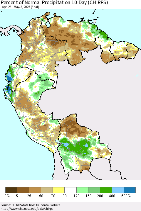 Northern South America Percent of Normal Precipitation 10-Day (CHIRPS) Thematic Map For 4/26/2023 - 5/5/2023
