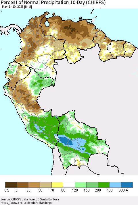 Northern South America Percent of Normal Precipitation 10-Day (CHIRPS) Thematic Map For 5/1/2023 - 5/10/2023