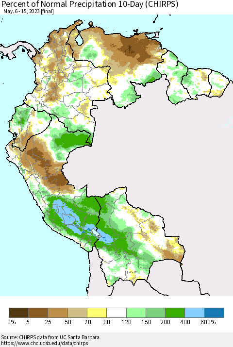 Northern South America Percent of Normal Precipitation 10-Day (CHIRPS) Thematic Map For 5/6/2023 - 5/15/2023