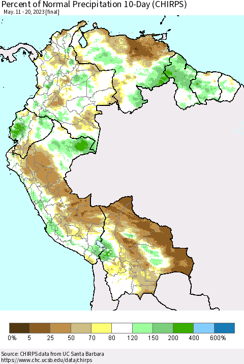 Northern South America Percent of Normal Precipitation 10-Day (CHIRPS) Thematic Map For 5/11/2023 - 5/20/2023