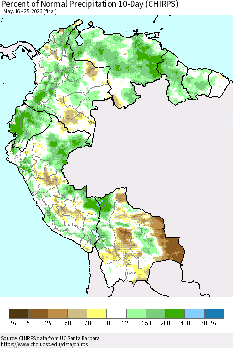 Northern South America Percent of Normal Precipitation 10-Day (CHIRPS) Thematic Map For 5/16/2023 - 5/25/2023