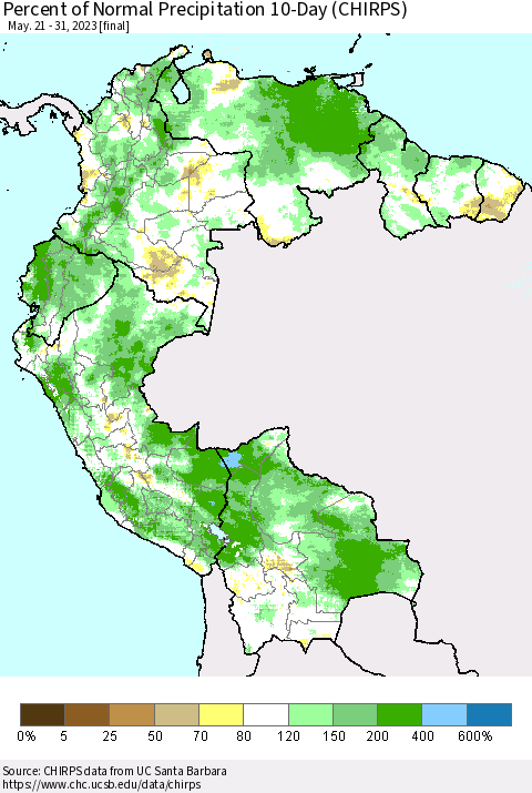 Northern South America Percent of Normal Precipitation 10-Day (CHIRPS) Thematic Map For 5/21/2023 - 5/31/2023