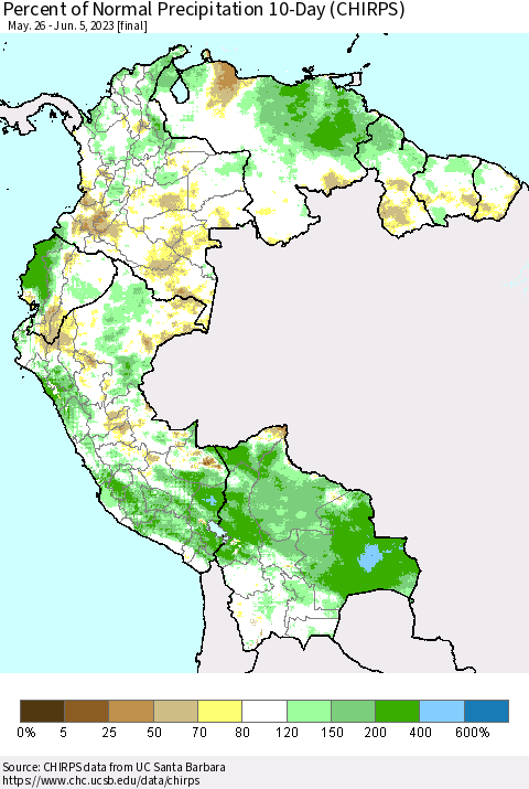 Northern South America Percent of Normal Precipitation 10-Day (CHIRPS) Thematic Map For 5/26/2023 - 6/5/2023