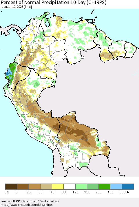 Northern South America Percent of Normal Precipitation 10-Day (CHIRPS) Thematic Map For 6/1/2023 - 6/10/2023