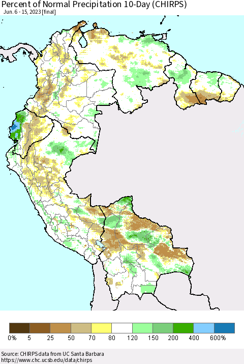 Northern South America Percent of Normal Precipitation 10-Day (CHIRPS) Thematic Map For 6/6/2023 - 6/15/2023
