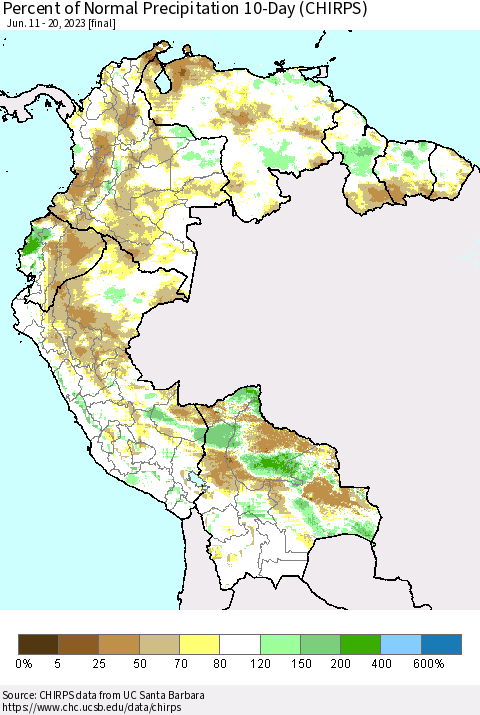 Northern South America Percent of Normal Precipitation 10-Day (CHIRPS) Thematic Map For 6/11/2023 - 6/20/2023