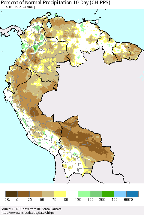 Northern South America Percent of Normal Precipitation 10-Day (CHIRPS) Thematic Map For 6/16/2023 - 6/25/2023