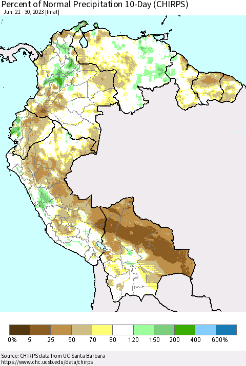 Northern South America Percent of Normal Precipitation 10-Day (CHIRPS) Thematic Map For 6/21/2023 - 6/30/2023