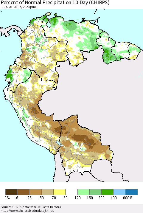 Northern South America Percent of Normal Precipitation 10-Day (CHIRPS) Thematic Map For 6/26/2023 - 7/5/2023