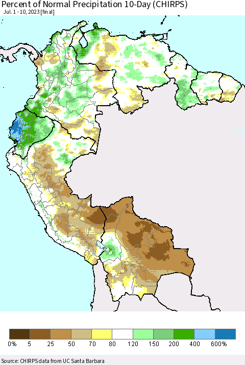 Northern South America Percent of Normal Precipitation 10-Day (CHIRPS) Thematic Map For 7/1/2023 - 7/10/2023