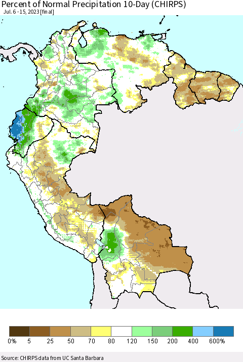 Northern South America Percent of Normal Precipitation 10-Day (CHIRPS) Thematic Map For 7/6/2023 - 7/15/2023