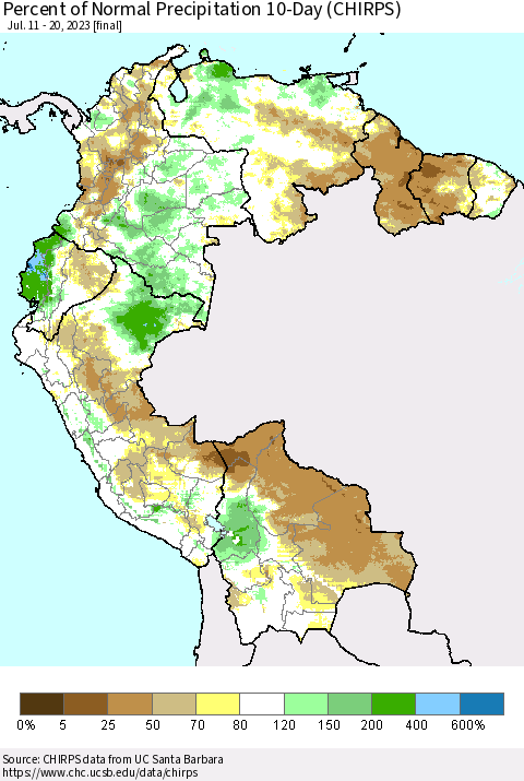 Northern South America Percent of Normal Precipitation 10-Day (CHIRPS) Thematic Map For 7/11/2023 - 7/20/2023