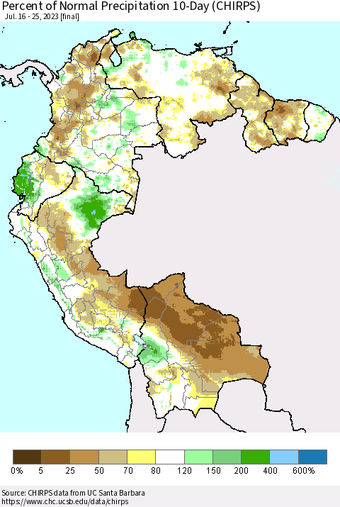 Northern South America Percent of Normal Precipitation 10-Day (CHIRPS) Thematic Map For 7/16/2023 - 7/25/2023