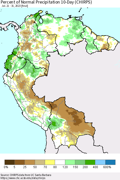 Northern South America Percent of Normal Precipitation 10-Day (CHIRPS) Thematic Map For 7/21/2023 - 7/31/2023
