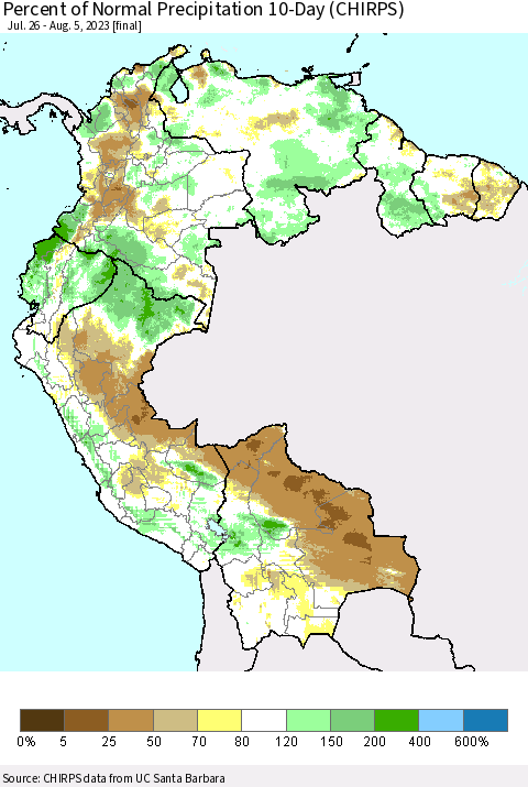 Northern South America Percent of Normal Precipitation 10-Day (CHIRPS) Thematic Map For 7/26/2023 - 8/5/2023