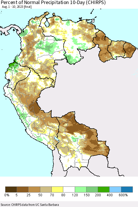 Northern South America Percent of Normal Precipitation 10-Day (CHIRPS) Thematic Map For 8/1/2023 - 8/10/2023