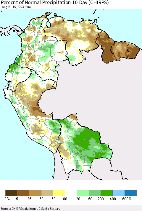 Northern South America Percent of Normal Precipitation 10-Day (CHIRPS) Thematic Map For 8/6/2023 - 8/15/2023