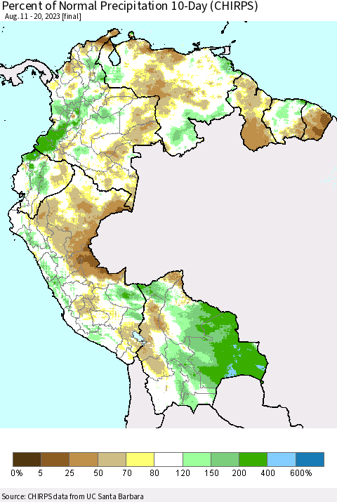 Northern South America Percent of Normal Precipitation 10-Day (CHIRPS) Thematic Map For 8/11/2023 - 8/20/2023