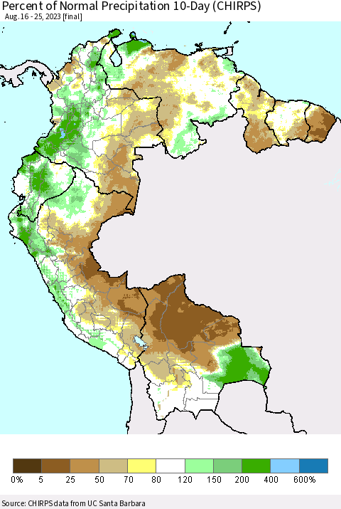 Northern South America Percent of Normal Precipitation 10-Day (CHIRPS) Thematic Map For 8/16/2023 - 8/25/2023