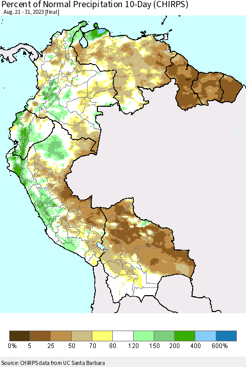 Northern South America Percent of Normal Precipitation 10-Day (CHIRPS) Thematic Map For 8/21/2023 - 8/31/2023