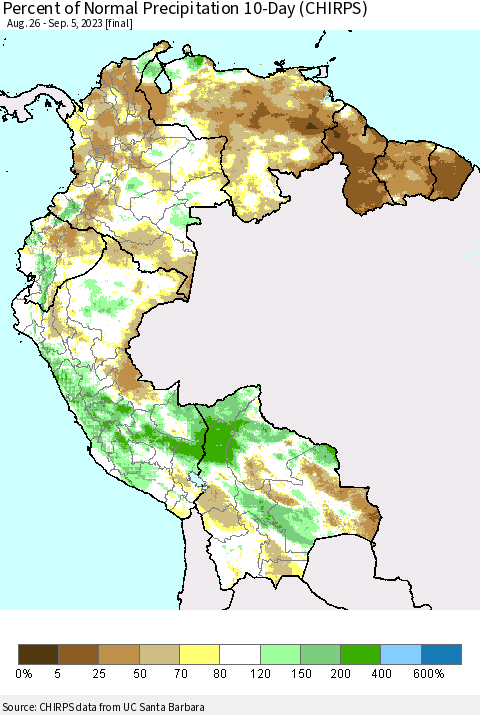 Northern South America Percent of Normal Precipitation 10-Day (CHIRPS) Thematic Map For 8/26/2023 - 9/5/2023