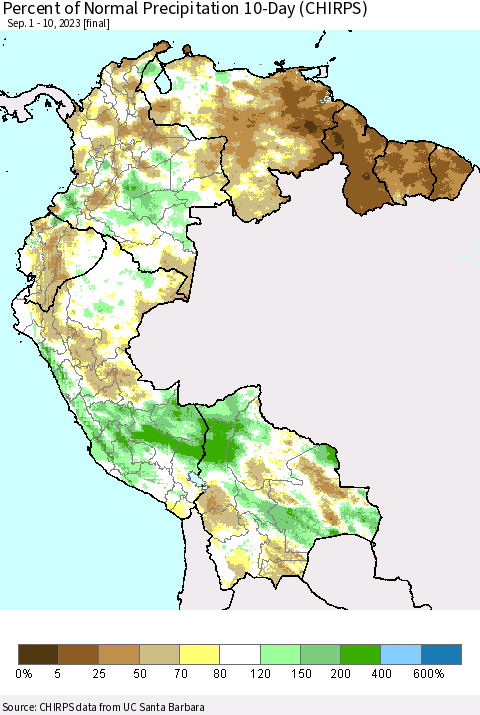 Northern South America Percent of Normal Precipitation 10-Day (CHIRPS) Thematic Map For 9/1/2023 - 9/10/2023